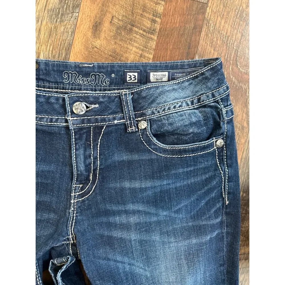 Miss Me Boot Cut Jeans Angel Wing Bling Faux Flap Pocket Embellished Sz 33